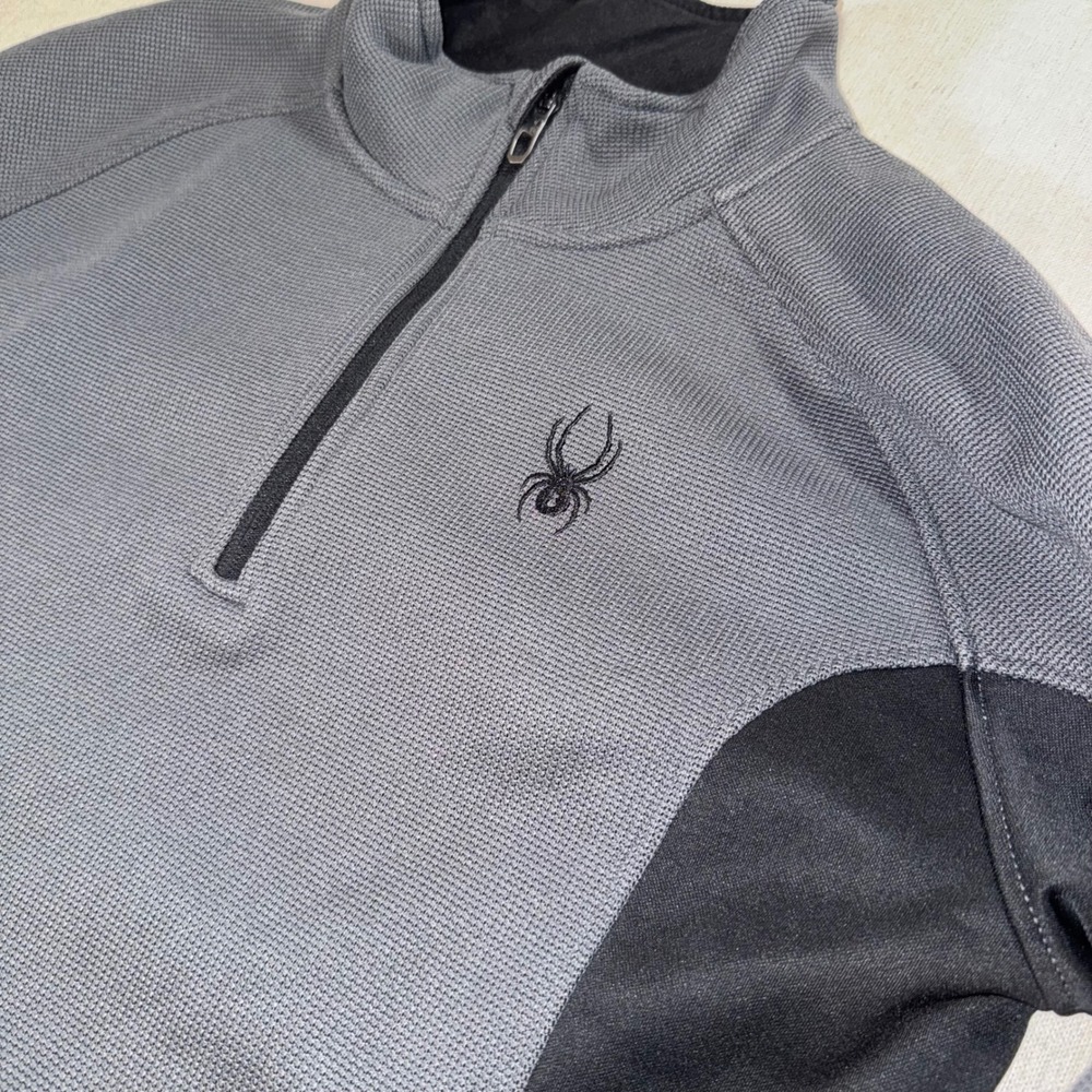 Spyder Mens Quarter Zip Pullover Fleece Grey Black Waffle Knit Jacket Large